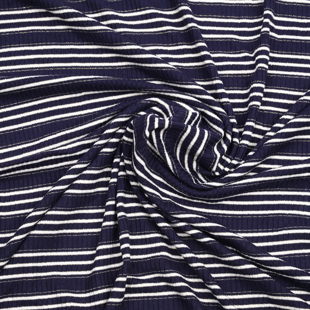 Tissu jersey viscose côtelé et rayé bleu marine, blanc et fil lurex or - pretty mercerie - mercerie en ligne