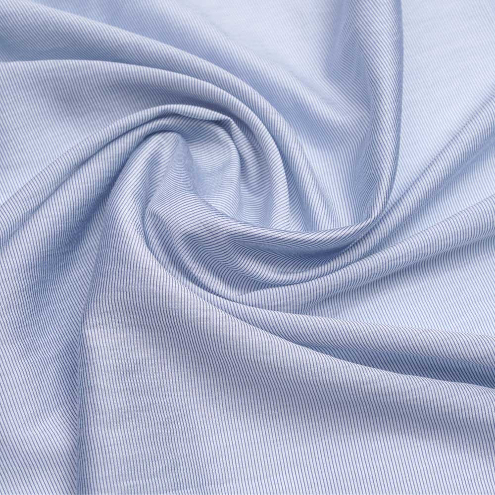 Tissu Lyocell satiné blanc à motif rayure tissé bleu marine | Pretty Mercerie | mercerie en ligne