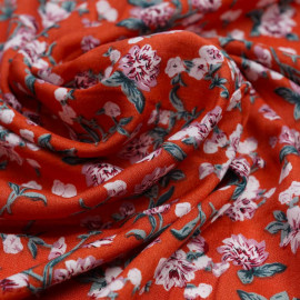 Tissu viscose mandarine à motif florale vieux rose et vert | Pretty Mercerie | Mercerie en ligne