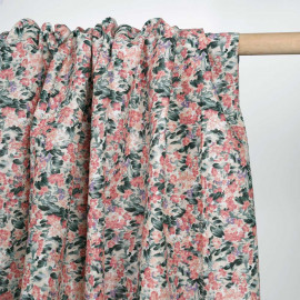 Tissu coton birch à motif bloom rose corail, mauve et vert| Pretty Mercerie | Mercerie en ligne