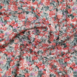 Tissu viscose beige à motif champs fleuri rose, mauve et vert | Pretty Mercerie | mercerie en ligne