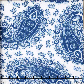 Tissu viscose blanc cassé à motif paisley bohème bleu | Pretty Mercerie | Mercerie en ligne