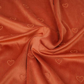 Tissu velours fines côtes orange rust à motif coeur brodé | Pretty Mercerie | mercerie en ligne