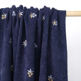 Tissu velours côtelé bleu marine à motif fleur brodé | Pretty Mercerie | Mercerie en ligne