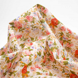 Tissu voile de coton blanc à motif bouquet de rose corail et orange | pretty mercerie | mercerie en ligne