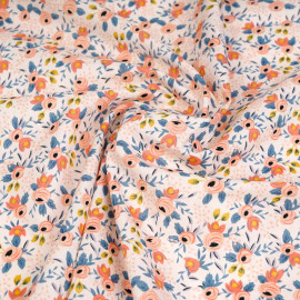 Tissu coton blush à motif botanique pêche, moutarde et bleu | pretty Mercerie | mercerie en ligne