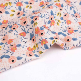 Tissu coton blush à motif botanique pêche, moutarde et bleu | pretty Mercerie | mercerie en ligne