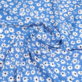 Tissu viscose bleu daphne à motif imprimé daisy blanche et noir | pretty mercerie | mercerie en ligne
