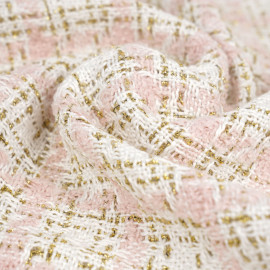 Tissu tweed blanc cassé à motif carreaux rose pastel et fil lurex or | pretty mercerie | mercerie en ligne