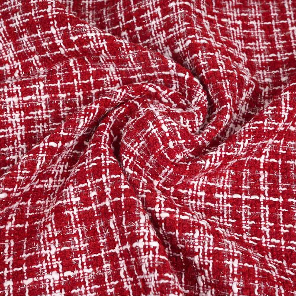 Tissu tweed rouge tango, blanc et fil lurex transparent | Pretty Mercerie | Mercerie en ligne