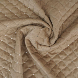 Tissu matelassé velours sergé à motif losanges brodés et sequins argentés - Beige
