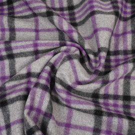Tissu drap de laine à carreaux gris, violet et noir