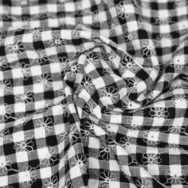 Tissu coton tissé vichy noir et blanc à motif daisy brodé blanc