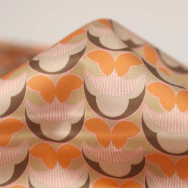 Tissu coton vintage beige à motif imprimé kaki, orange et rose