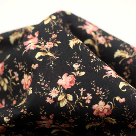 Tissu coton Didi noir à motif floral rose et vert
