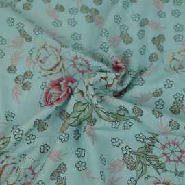 Tissu viscose Nathy bleu à motif floral rose et vert