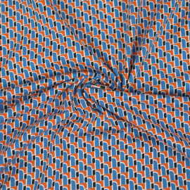 Tissu jersey de coton bleu à motif petit pont orange et noir