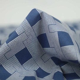 Tissu popeline de coton bleu stretch à motif cannage blanc