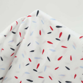 Tissu popeline de coton blanc stretch à motif pépin noir, rouge et bleu ciel