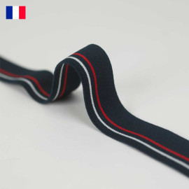 25 mm - Ruban élastique plat tricoté tricolore bleu à fines rayures blanche, rouge
