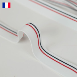 25 mm - Ruban élastique plat tricoté tricolore blanc à fines rayures bleu, rouge