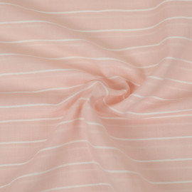 Tissu voile de coton rose corail à rayure tissées blanc