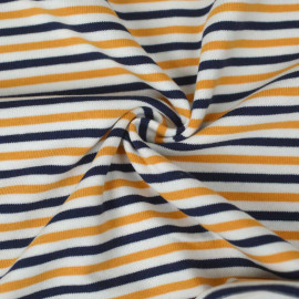 Tissu jersey maille tricoté ( ou bord-côte ) à rayure - bleu et safran