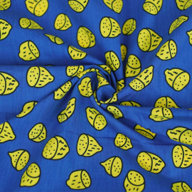 Tissu popeline de coton bleu à motif citron jaune