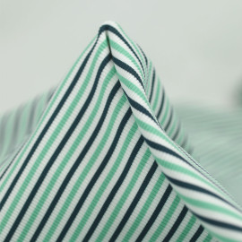 Tissu maille jersey polyamide côtelé blanc à motif rayé marine et menthe