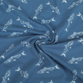 Tissu jersey de coton bleu clair à motif sardine blanche