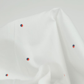 Tissu satin de coton blanc à motif pleine lune bleu et orange