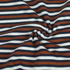 Tissu jersey maille tricoté ( ou bord-côte ) à rayure - marine, renard et blanc