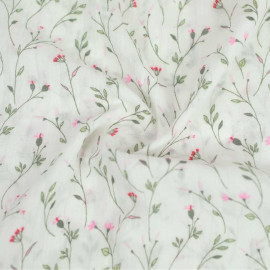 Tissu poly-coton froissé blanc à motif garden party