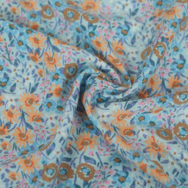 Tissu coton viscose bloom à motif floral multicolore - Bleu