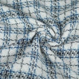 Tissu tweed écru à motif carreaux bleu